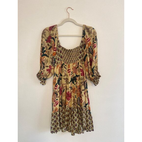 Boho Floral Smocked Midi Dress By Angie Rayon Size M Puff Sleeves Multicolor - Picture 5 of 6